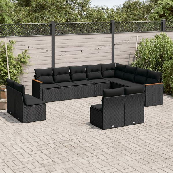 vidaXL 12-teilig Garten-Sofagarnitur mit Kissen Schwarz Poly Rattan, 3258870