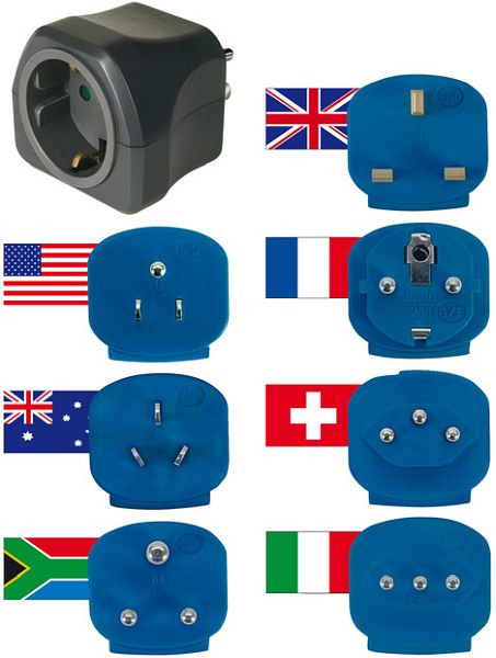 Brennenstuhl Reisestecker-Set mit verschiedenen Aufsätzen für mehr als 150 Länder (7 x Steckereinsätze) schwarz, VE: 5 Stück, 1508160