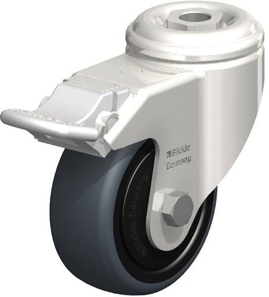 Blickle LKRXA-TPA 80KD-FI-ELS-FK Edelstahl-Apparate-Lenkrolle mit Rückenloch & Feststeller, Thermoplastisches Gummi-Elastomer, Grau, 644534