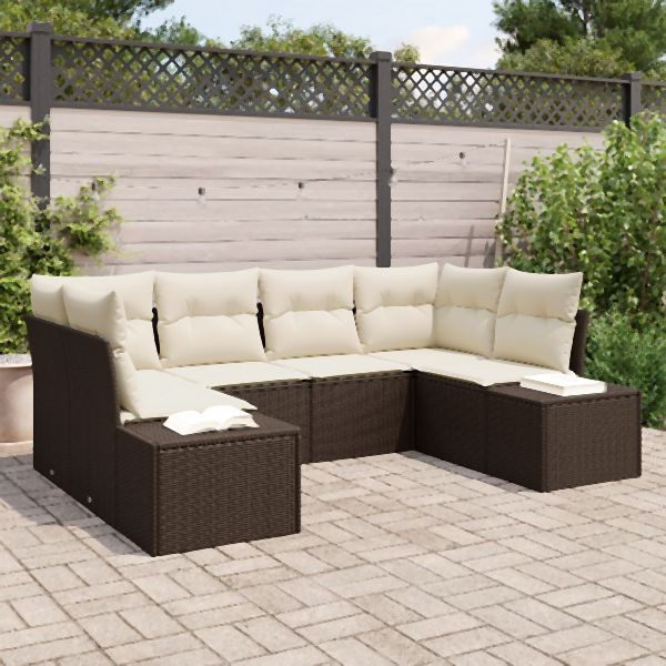 vidaXL Garten-Sofa-Set 6-teilig Braun und Creme Rattan, Polyester, Schaum, 3347198