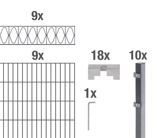 Alberts Doppelstab-Gittermattenset 2 m mit Dekorelement Design Eleganz, Stahl, verzinkt anthrazit RAL 7016, Zaunmaße: 18 m x 1400 mm, 668563