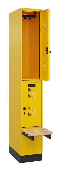 C+P Doppelstock-Spind Evolo PLUS, Bank, 2 Fächer, 1950x300x815mm, 1023/1023, Drehriegel, Sitzfläche Buche-Hartholz, mit Sockel, 049340-10 S10022
