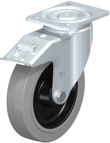 Blickle LH-POEV 200R-FI-SG Stahlblech-Lenkrolle, Schwerlast-Ausführung, mit Anschraubplatte & Feststeller, Elastik-Vollgummi, Grau, 750080