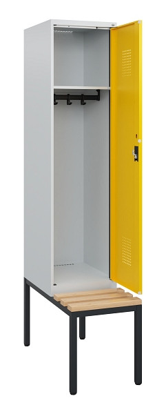 C+P Spind Evolo PLUS, 1 Abteil, 1950x400x815mm, 7035/1023, Zylinderschloss, Sitzfläche Holz, Sitzbank, 0490505-12 S10020
