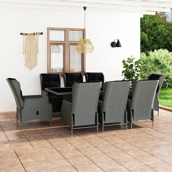 vidaXL 9-teilig Garten-Essgruppe mit Auflagen Poly Rattan Hellgrau, 3060142