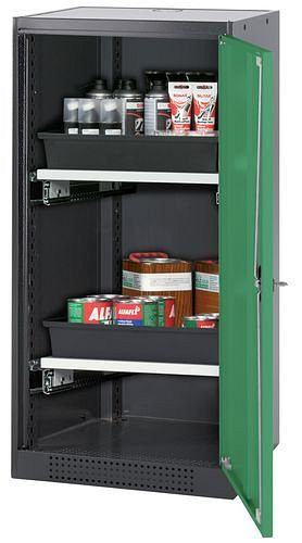 asecos Chemikalienschrank Systema-T CS-52R, Korpus anthrazit, Flügeltüren grün, 2 Tablarauszüge, 208632