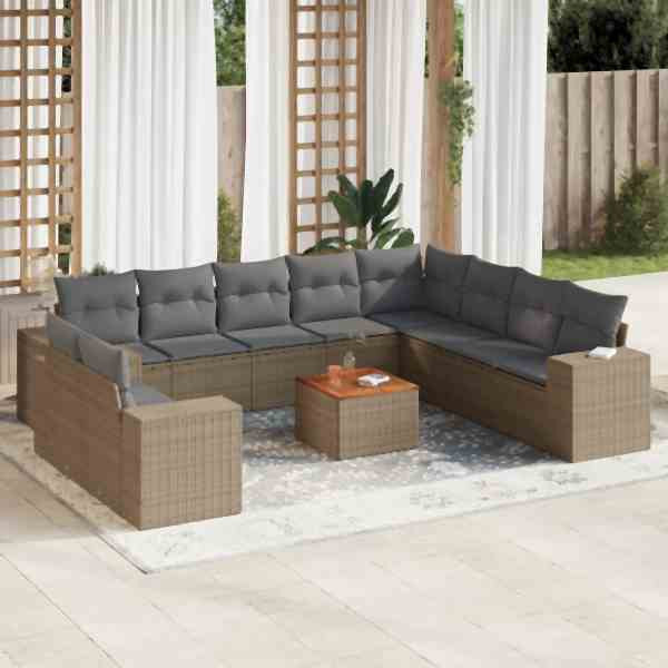 vidaXL 11-tlg. Garten-Sofagarnitur mit Kissen Beige Poly Rattan, UV-beständig, 3225520