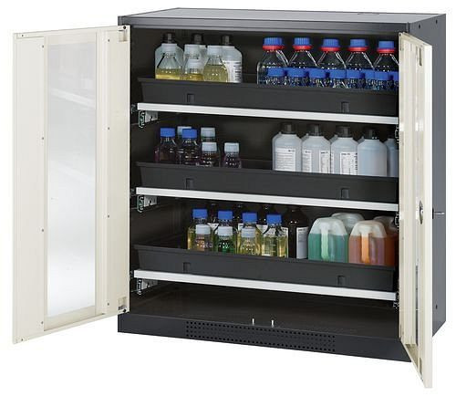 asecos Chemikalienschrank Systema-T CS-103G, Korpus anthrazit, Flügeltüren weiß, 3 Tablarauszüge, 208829