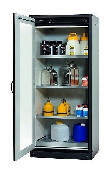 asecos Sicherheitsschrank Q-DISPLAY-30, Q30.195.086.WDFW in sicherheitsgelb RAL 1004 mit 3x Fachboden (Edelstahl), 32781-060-30047