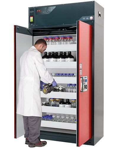 asecos Feuerbeständiger Umluft-Gefahrstoffschrank Custos, Türen rot, mit 6 Auszugswannen, Typ E-126, 248467