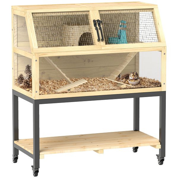 PawHut Zwerghamsterkäfig aus Holz mit Ablagefach, Rädern, Rampen, Wasserflasche, Hütte, Wippen, 87 x 43 x 101cm, D51-443V00ND