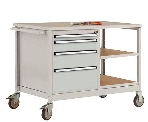 Manuflex Mobile Werkbank Modell 1 mit geölter Multiplex-Abdeckplatte 30 mm BxTxH 1135 x 590 x 810 mm, lichtgrau, MW2001.7035