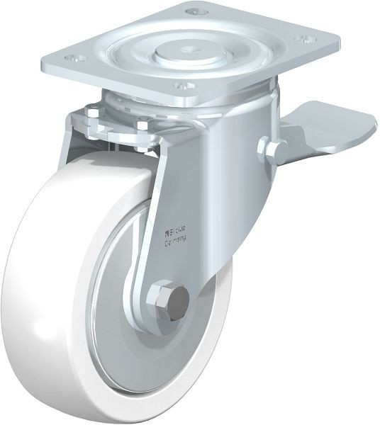 Blickle LH-SPO 150K-ST-FA Stahlblech-Lenkrolle, Schwerlast-Ausführung, mit Anschraubplatte & Feststeller, Polyamid, Weiß, 231696