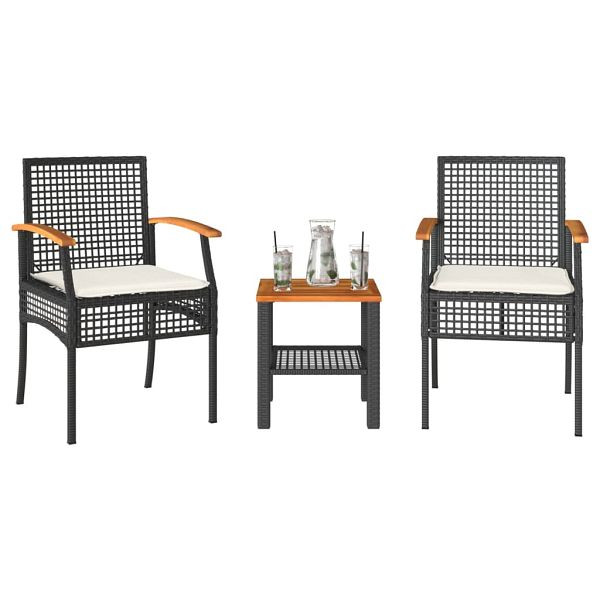 vidaXL 3-teilig Bistro-Set mit Kissen Schwarz Poly Rattan Akazienholz, 366259