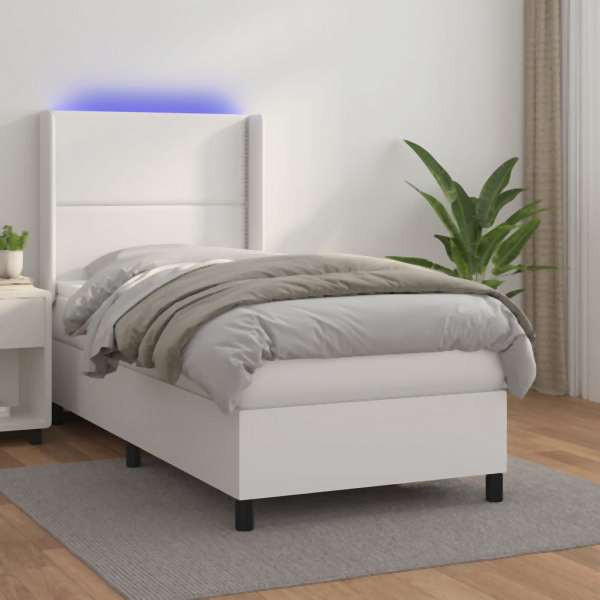 vidaXL Boxspringbett mit Matratze & LED Weiß 100x200 cm Kunstleder, 3139308