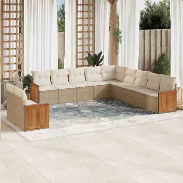 vidaXL 11-tlg. Garten-Sofagarnitur mit Kissen Beige Poly Rattan, UV-beständig, 3260210
