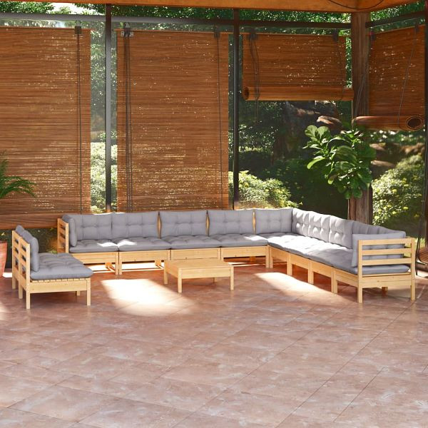 vidaXL 12-teilig Garten-Lounge-Set mit Grauen Kissen Massivholz Kiefer, 3096856