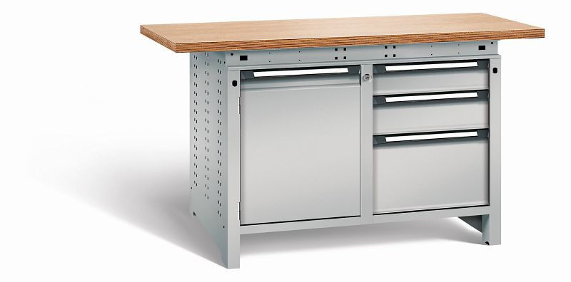 Otto Kind Werkbank Serie function Typ 213, Multiplexplatte 40 mm, überstehend, 2x Unterbau + Zentralverschluss, komplett RAL 9006, 072343296