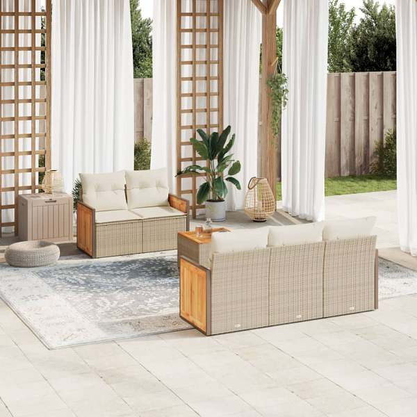 vidaXL 6-tlg. Garten-Sofagarnitur mit Kissen Beige Poly Rattan, UV-beständig, 3259867