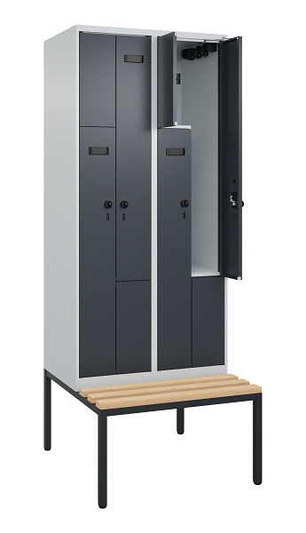 C+P Z-Spind Evolo PLUS, Bank, 4 Fächer, 2120x800x815mm, 7035/7016, Drehriegel, Sitzfläche Buche-Hartholz, Sitzbank, 0490537-224 S10006