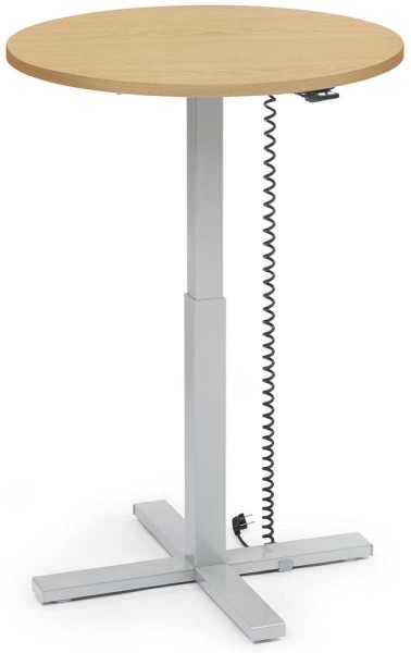 Deskin Sitz-/ Stehtisch MODUL elektromotorisch, höhenverstellbar, Platte Buchedekor, Gestell Alusilber, Durchmesser 800 mm, H 715 - 1205 mm, 294733
