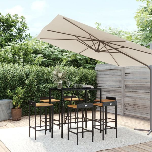 vidaXL 7-teilig Gartenbar-Set Schwarz Poly Rattan & Massivholz Akazie, 3187678