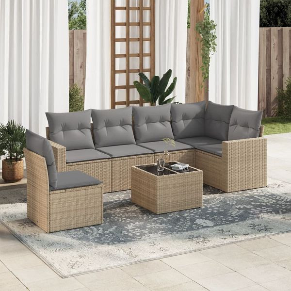 vidaXL 7-teilig Garten-Sofagarnitur mit Kissen Beige Poly Rattan, 3219029