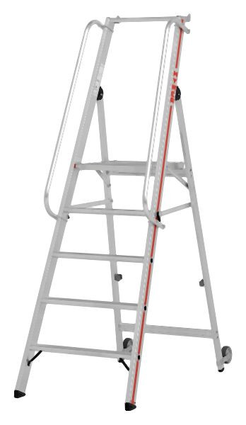 HYMER Plattformleiter mit Kipprollen und langem Handlauf, 5 Stufen, Standhöhe 1,15 m, 808105