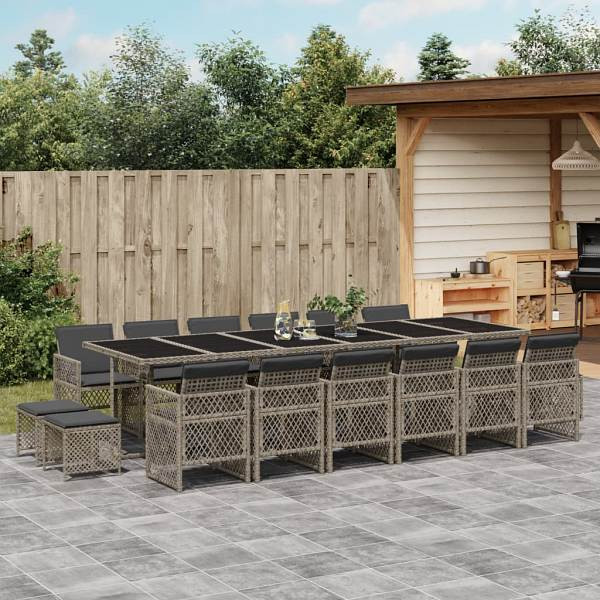 vidaXL 17-tlg. Garten-Essgruppe mit Kissen Grau Poly Rattan, UV-beständig, 3210824