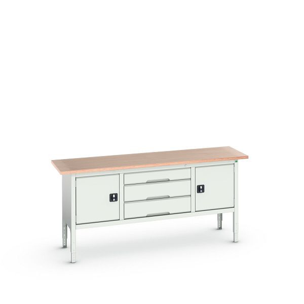 bott verso Kastenwerkbank (Multiplex-Platte) mit 3 Schubladen und 2 Türen, BxTxH: 2000 x 600 x 830 - 930 mm, Lichtgrau / Lichtgrau, 16923032.16