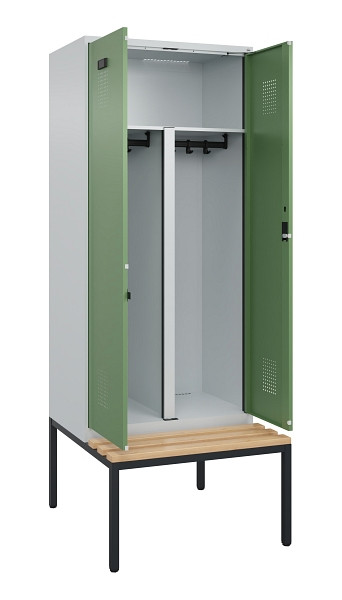 C+P PSA Doppel-Spind Evolo PLUS, Bank, 2 Abteile, 2120x800x815mm, 7035/6011, Zylinderschloss, Sitzfläche Buche-Hartholz, Sitzbank, 0490527-22P S10037