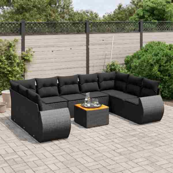 vidaXL 10-tlg. Garten-Sofagarnitur mit Kissen Schwarz Poly Rattan, UV-beständig, 3257476