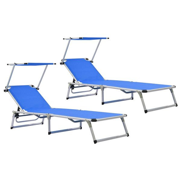 vidaXL Klappbare Sonnenliegen mit Dach 2 Stück Aluminium Textilene Blau, 312457