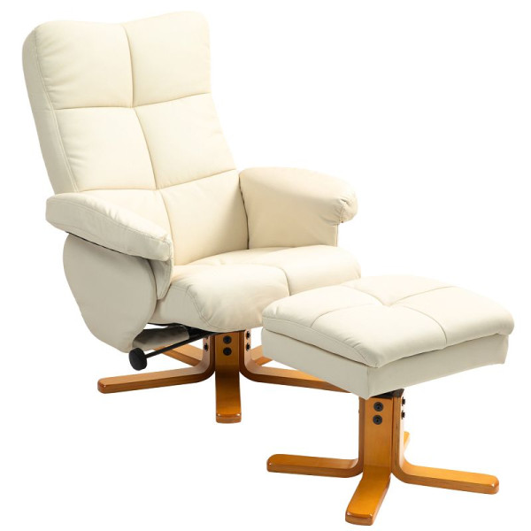 HOMCOM Relaxsessel mit Hocker, 145° neigbare Rückenlehne, 360° drehbar, Kunstleder, Cremeweiß, 833-359V00CW