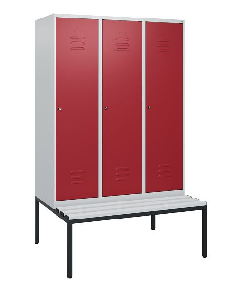 C+P Umkleidespind Classic PLUS, mit untergebauter Sitzbank, 3 Abteile, 1950x1200x815mm, 7035/3003, Zylinderschlösser, 0800505-32 S10046