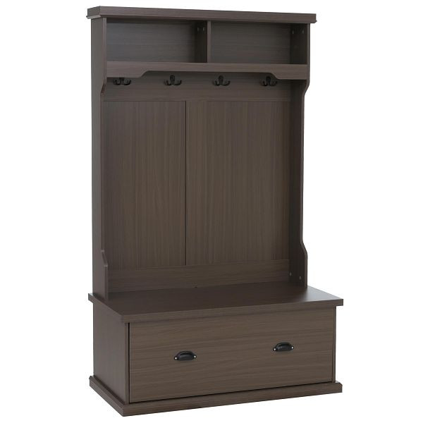 Mendler Garderobe HWC-P27, Flurgarderobe Holzgarderobe Sitzbank, 4 Haken Staufach Ablage Melamin 163x100x47cm, Walnuss-Optik, 118678+118679