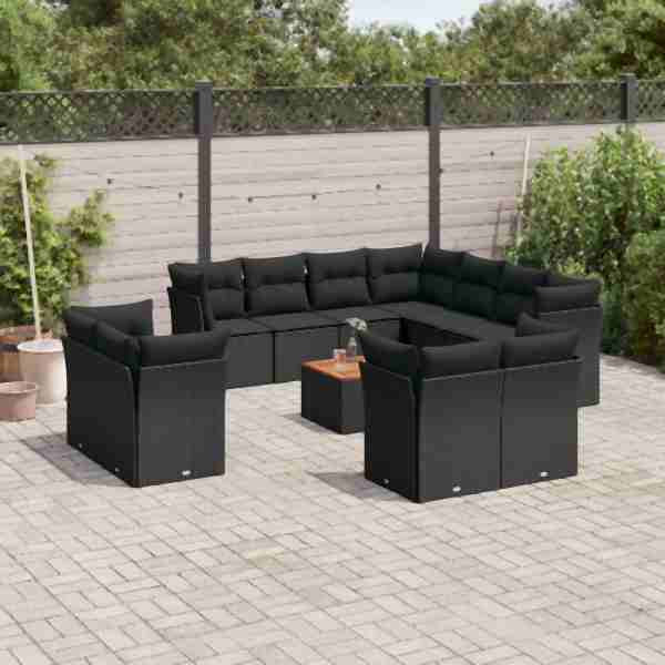 vidaXL 12-tlg. Garten-Sofagarnitur mit Kissen Schwarz Poly Rattan, UV-beständig, 3223941