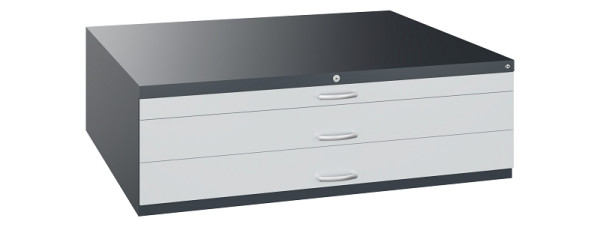 C+P Flachablageschrank Serie 7100_7200, H420xB1350xT960mm, 7016/7035, 2 Schubladenblenden doppelwandig, 7200-100 S10267