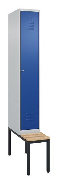 C+P Umkleidespind Classic PLUS, mit untergebauter Sitzbank, 2120x300x815mm, 7035/5010, Zylinderschloss, Buche-Sitzleisten, 0800507-10 S10049