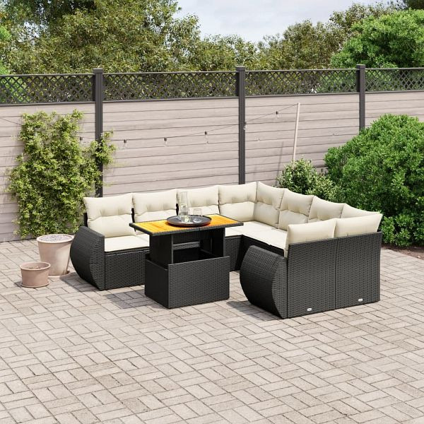 vidaXL 9-tlg. Garten-Sofagarnitur mit Kissen Schwarz Poly Rattan, 3272120