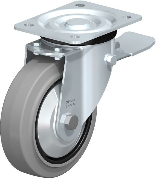 Blickle L-POEV 160XKA-ST-SG-FA Stahlblech-Lenkrolle, mittelschwere Ausführung, mit Anschraubplatte & Feststeller, Elastik-Vollgummi, Grau, 850675