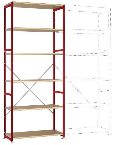 Manuflex Mittelschweres Fachboden-Steckregal Grundregal mit 6 Holzverbundböden, HxBxT = 2500 x 1030 x 500 mm, rubinrot, RP1307.3003