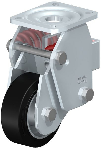 Blickle BHF-ALEV 100K-1 Stahlblech-Bockrolle, Schwerlast-Ausführung, mit Stahlfeder, Elastik-Vollgummi, Schwarz, 605691