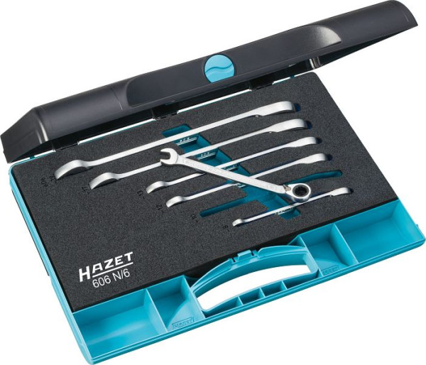 Hazet Knarren Ring-Maulschlüssel Satz, Außen-Doppel-Sechskant-Tractionsprofil, 8 - 19, Anzahl Werkzeuge: 6, 606N/6