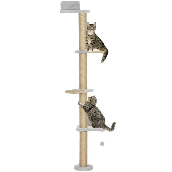 PawHut Katzenkratzbaum, 5-stufiges Design, Spielzeug, Sisalpfosten, Plüschstoff, Hellgrau, D30-918V00LG