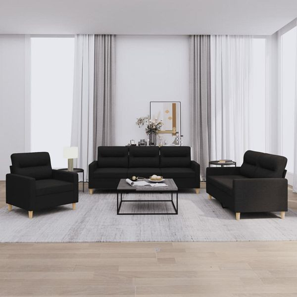 vidaXL 3-tlg. Sofagarnitur mit Kissen Schwarz Stoff, 3201540
