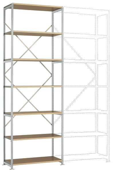 Manuflex Schweres Fachboden-Steckregal Grundregal mit 7 Holzverbundböden, HxBxT = 3000 x 1030 x 1000 mm, lichtgrau, RP1616.7035