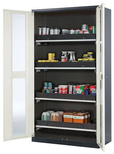 asecos Chemikalienschrank Systema-T CS-104G, Korpus anthrazit, Flügeltüren weiss, 4 Tablarauszüge, 202691