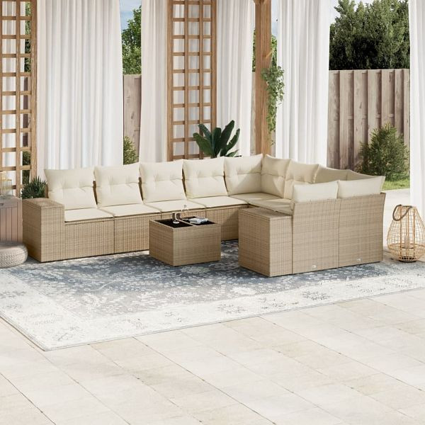 vidaXL 10-teilig Garten-Sofagarnitur mit Kissen Beige Poly Rattan, 3255385