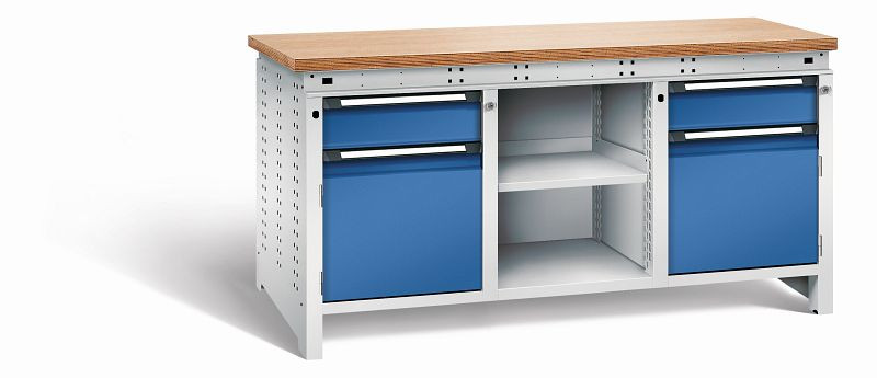 Otto Kind Werkbank Serie function Typ 308, Multiplexplatte 40 mm, bündig, 2x Unterbau + mittleres Feld, Gehäuse RAL 7035, Front RAL 5010, 072363186